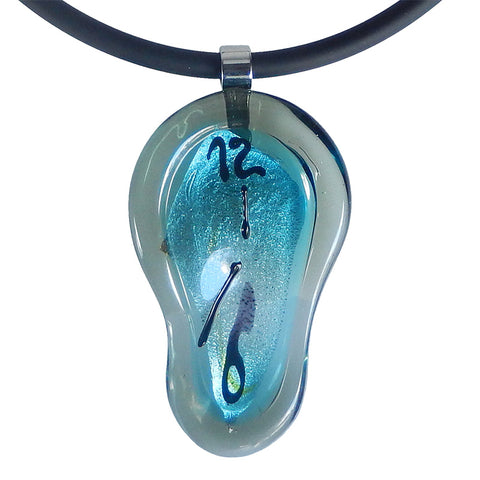 Melting Clock Dali inspired Murano glass necklace aqua silver-leaf, Made in Italy