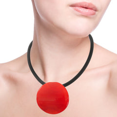 DISCO RED modern art to wear murano glass statement necklace on rubber tubino cord, handmade in Italy