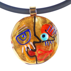CUBIST FACE 3 modern murano glass necklace, 24kt gold leaf pendant closeup, handmade in Italy, art to wear inspired by Pablo Picasso