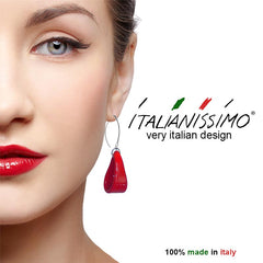 Model wearing LOOP RED lightweight Murano glass earrings with sterling silver wires, handmade in Italy