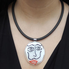 Model wearing black white SKETCH #2 Murano glass necklace inspired by DALI line drawings, handmade in Italy