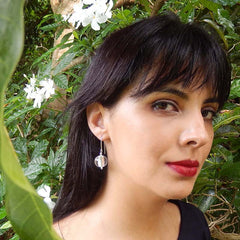 Model wearing SPARKLE CRYSTAL SILVER modern silver leaf murano glass earrings with 925 sterling silver earwires, handmade in Italy