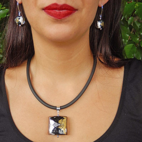 GLITTER SQUARE BLACK art to wear modern murano glass necklace, 24kt gold leaf and 925 silver leaf pendant on black tubino, handmade in Italy