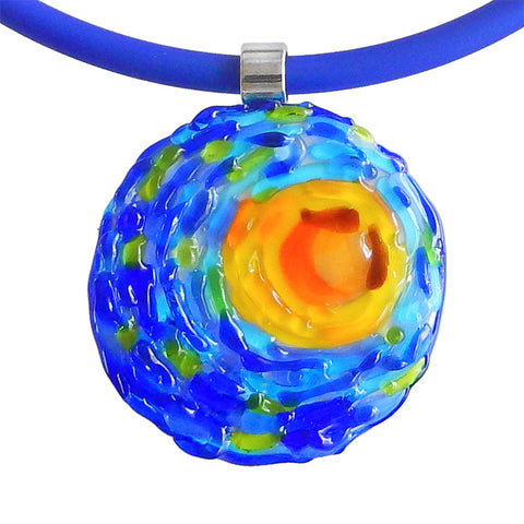 Model wearing starry night VINCENT #2 Murano glass necklace and VERONA blown glass blue earrings, handmade in Italy 