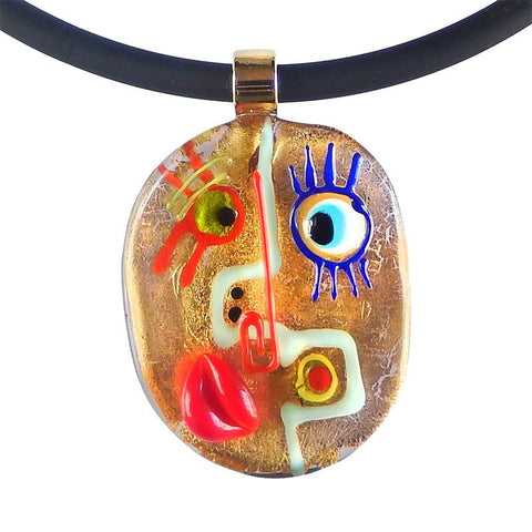 CUBIST FACE 2 modern murano glass necklace, 24kt gold leaf pendant closeup, handmade in Italy, art to wear inspired by Pablo Picasso