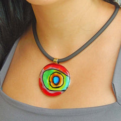 Model wearing ABSTRACT B multicolor modern murano glass necklace inspired by artist Mark ROTHKO, handmade in Italy