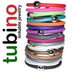 TUBINO SPORTIVO linkable BRACELETS in array of fashion colors, luxurious hypoallergenic synthetic rubber with nickel-free metal links, easily cut to size, Made in Italy