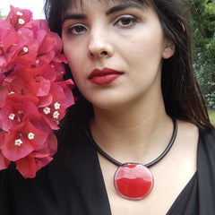 DISCO 2 CHERRY red two-tone modern art to wear murano glass statement necklace on rubber tubino cord, handmade in Italy