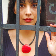 DISCO RED modern art to wear murano glass statement necklace on rubber tubino cord, handmade in Italy