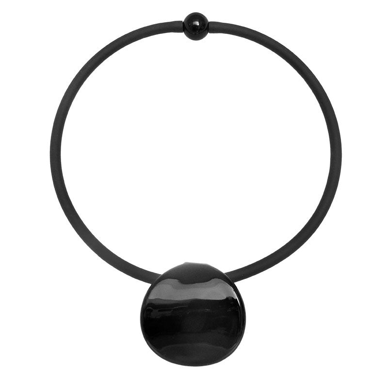 DISCO BLACK modern art to wear murano glass statement necklace on rubber tubino cord, handmade in Italy