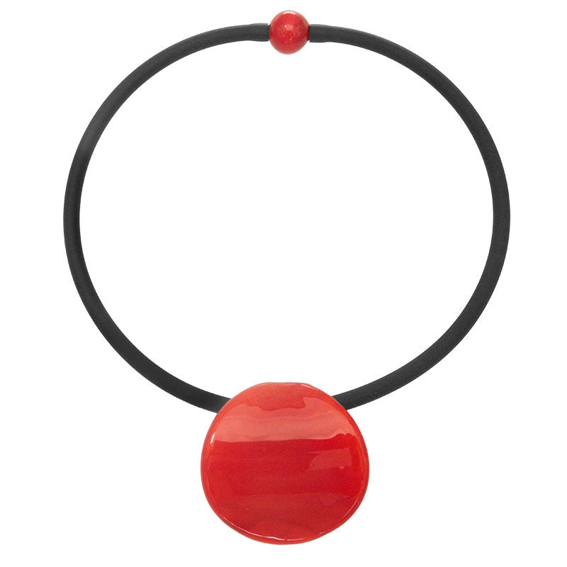 DISCO RED modern art to wear murano glass statement necklace on rubber tubino cord, handmade in Italy