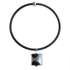 GLITTER SQUARE BLACK art to wear modern murano glass necklace, 24kt gold leaf and 925 silver leaf pendant on black tubino, handmade in Italy