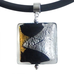 GLITTER SQUARE BLACK art to wear modern murano glass necklace, 24kt gold leaf and 925 silver leaf pendant closeup, handmade in Italy