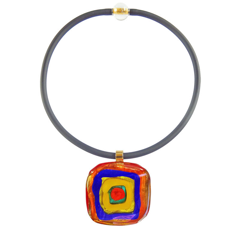 Art to wear WASSILY #1 multicolor 24kt gold-leaf Murano glass necklace on black cord, inspired by KANDINSKY, handmade in Italy