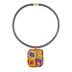 Art to wear WASSILY #2 multicolor 24kt gold-leaf Murano glass necklace on black cord, inspired by KANDINSKY, handmade in Italy