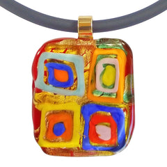 Close-up of WASSILY #2 multicolor 24kt gold-leaf Murano glass necklace, inspired by KANDINSKY, handmade in Italy