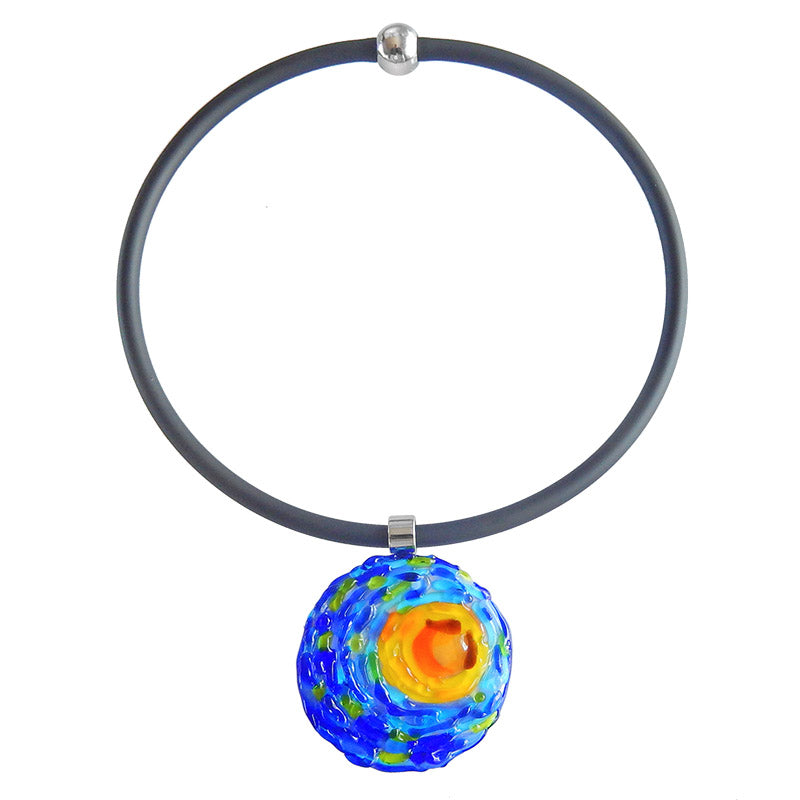 Art to wear starry night VINCENT #1 Murano glass necklace on black tubino cord, inspired by VAN GOGH, handmade in Italy