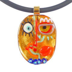CUBIST FACE 1 modern murano glass necklace, 24kt gold leaf pendant closeup, handmade in Italy, art to wear inspired by Pablo Picasso