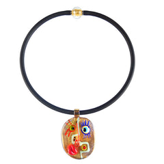 CUBIST FACE 2 modern murano glass necklace, 24kt gold leaf pendant on black tubino, handmade in Italy, art to wear inspired by Pablo Picasso