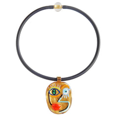 CUBIST FACE 4 modern murano glass necklace, 24kt gold leaf pendant on black tubino, handmade in Italy, art to wear inspired by Pablo Picasso