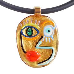 CUBIST FACE 4 modern murano glass necklace, 24kt gold leaf pendant closeup, handmade in Italy, art to wear inspired by Pablo Picasso