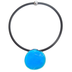 DISCO 2 TURQUOISE aqua two-tone modern art to wear murano glass statement necklace on rubber tubino cord, handmade in Italy