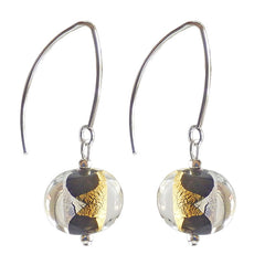 GLITTER BLACK art to wear modern 24kt gold leaf and silver leaf oval murano glass earrings, 925 sterling silver earwires, handmade in Italy