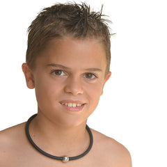 Boy wearing TUBINO SPORTIVO NECKLACE for men,  luxurious hypoallergenic synthetic rubber with nickel-free metal links, easily cut to size.  Made in Italy