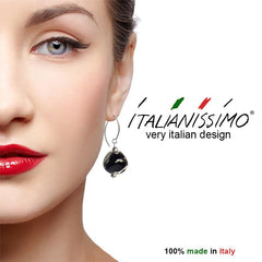 Model wearing PEBBLE BLACK CRYSTAL Murano glass 2-tone everyday earrings with sterling silver wires, handmade in Italy