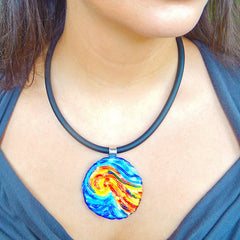 Model wearing starry night VINCENT #3 Murano glass necklace, inspired by VAN GOGH, handmade in Italy 