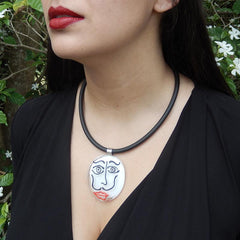 Model wearing black white SKETCH #2 Murano glass necklace inspired by DALI line drawings, handmade in Italy