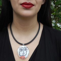 Model wearing black white SKETCH #2 Murano glass necklace inspired by DALI line drawings, handmade in Italy