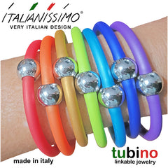 TUBINO SPORTIVO linkable BRACELETS in rainbow array of fashion colors, luxurious hypoallergenic synthetic rubber with nickel-free metal links, easily cut to size, Made in Italy